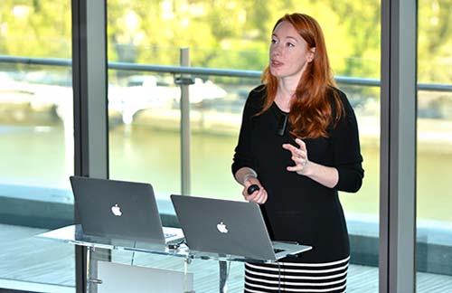 Hannah Fry speaking on stage.